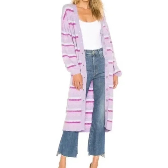 Lovers + Friends Mary Sweater Cardigan Size XL Long Button Down Purple Stripe - Picture 1 of 10